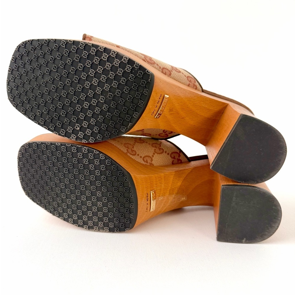 GUCCI || GG Canvas Horsebit Platform Mule Sandals EU 38 Brown Wood Heel - Picture 10 of 12